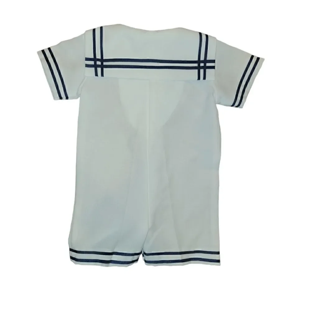 NWOT Lito Children's Wear Boys White Sailor Suit Shortall Romper with Hat 6-12M